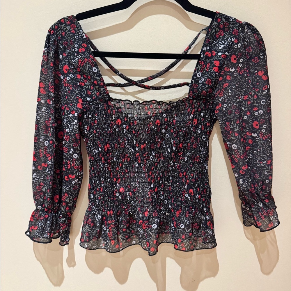 Topshop Black and Red Floral Top
